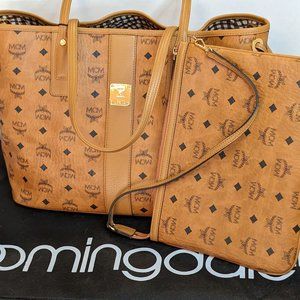 MCM Reversible Medium Liz Visetos Monogram Shopper with Removable Zip Pouch